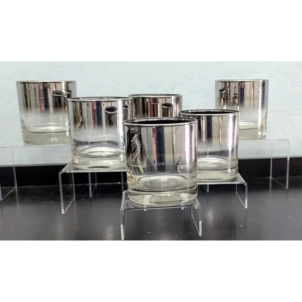 MCM Barware Glass with Caddy set of 6 clear silver 8 oz Dorothy Thorpe Madmen